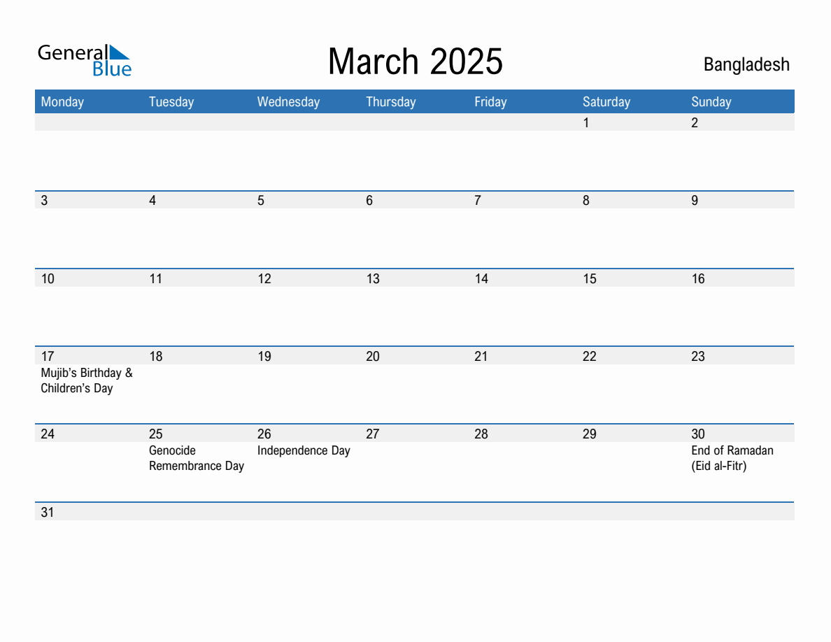 Editable March 2025 Calendar with Bangladesh Holidays