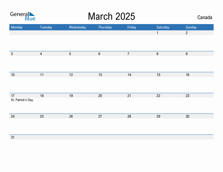 March 2025 Canada Monthly Calendar with Holidays