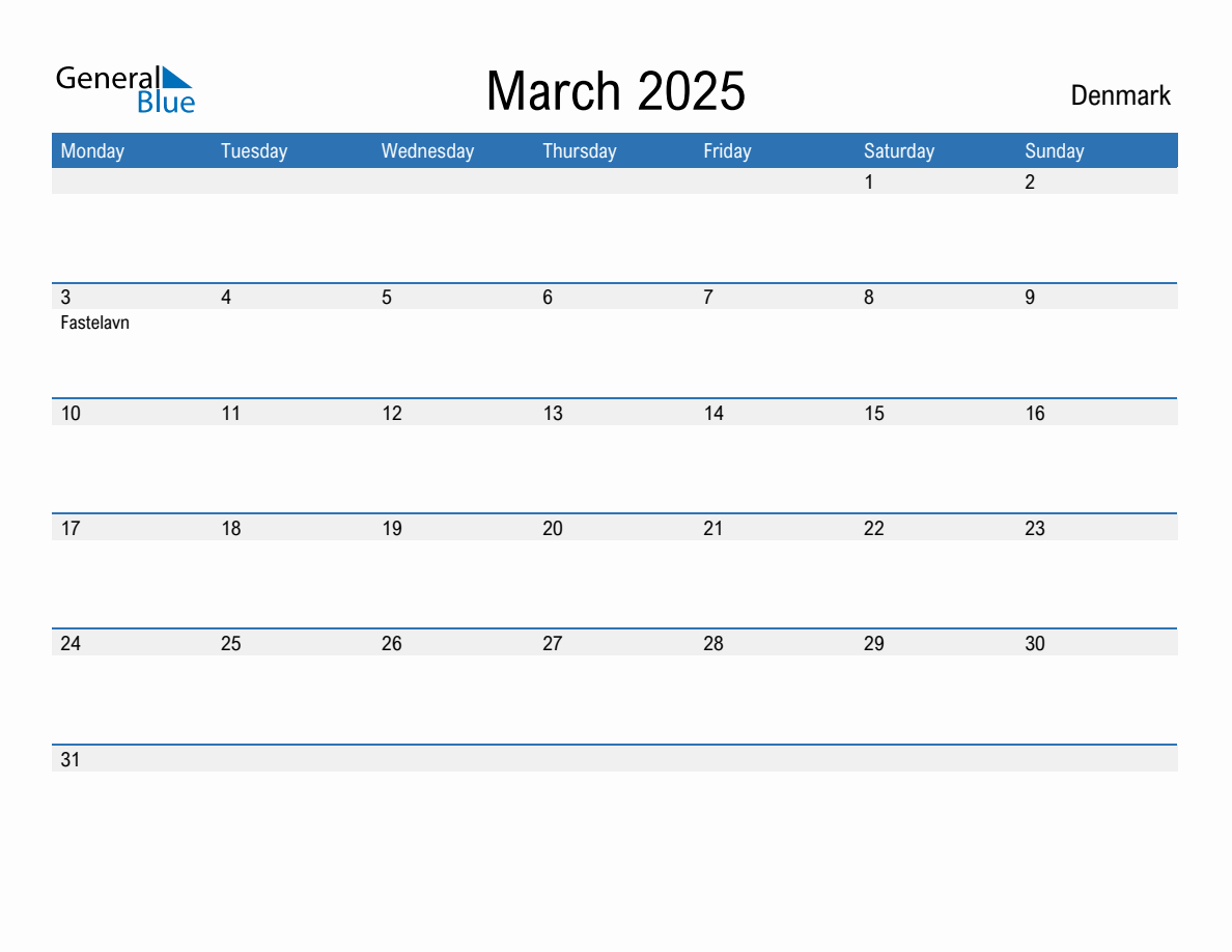 Editable March 2025 Calendar with Denmark Holidays