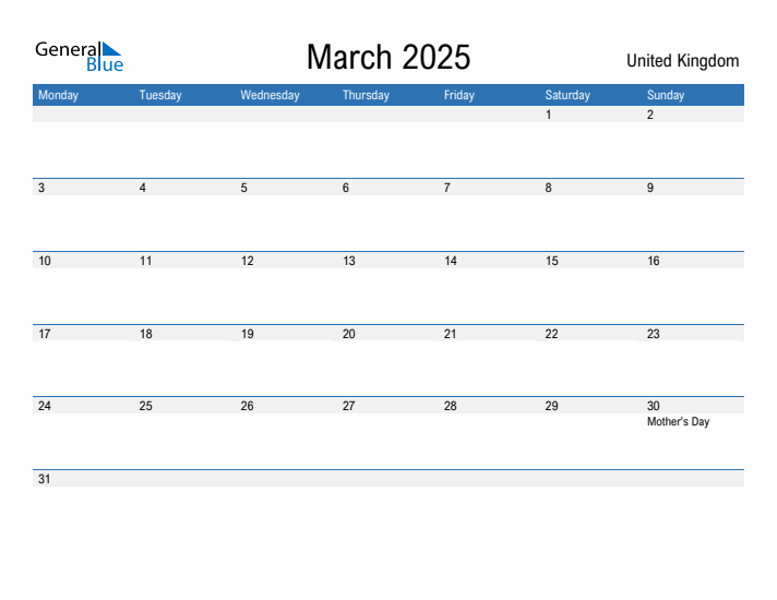 March 2025 - United Kingdom Monthly Calendar with Holidays