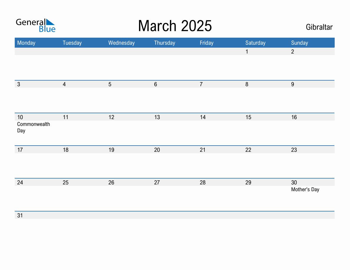 Editable March 2025 Calendar with Gibraltar Holidays