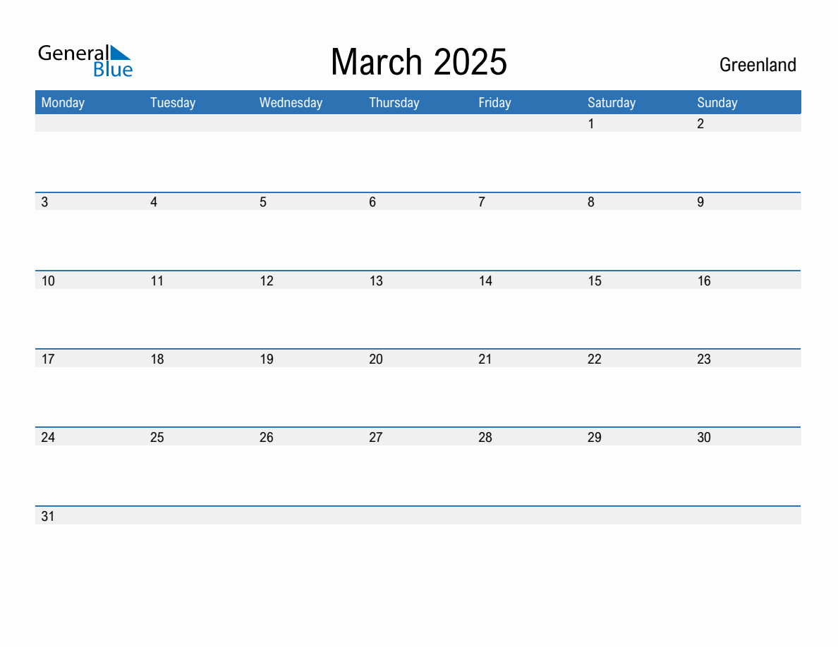 Editable March 2025 Calendar with Greenland Holidays