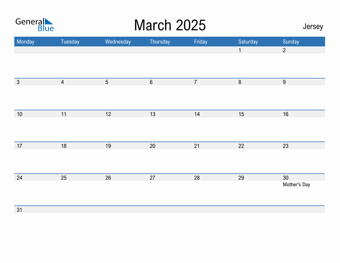 Editable March 2025 Calendar with Jersey Holidays