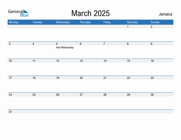 Editable March 2025 Calendar with Jamaica Holidays