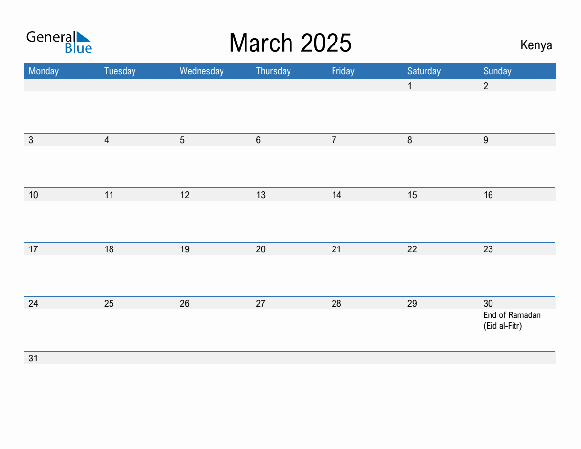 Editable March 2025 Calendar with Kenya Holidays