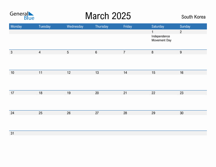 March 2025 South Korea Monthly Calendar with Holidays