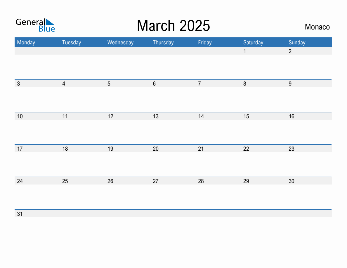 Editable March 2025 Calendar with Monaco Holidays