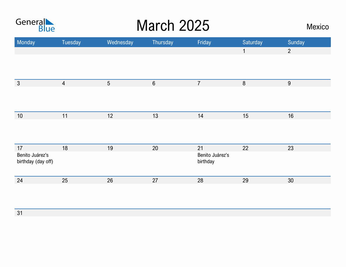 Editable March 2025 Calendar with Mexico Holidays