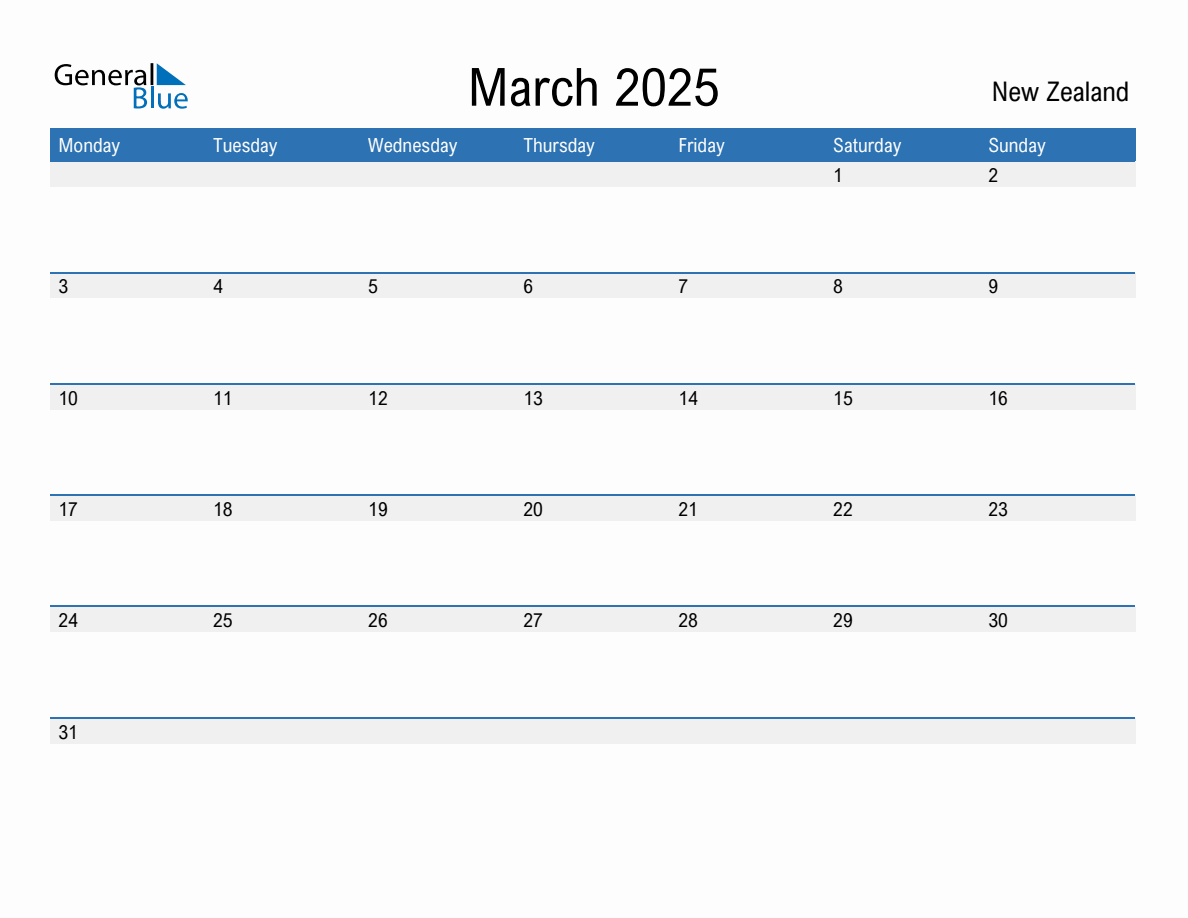 Editable March 2025 Calendar with New Zealand Holidays