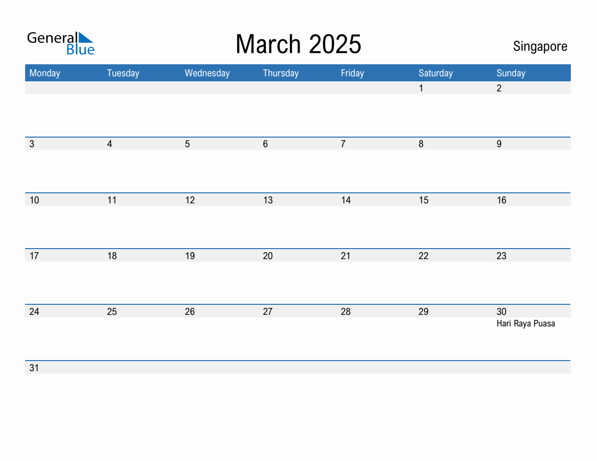 Editable March 2025 Calendar with Singapore Holidays