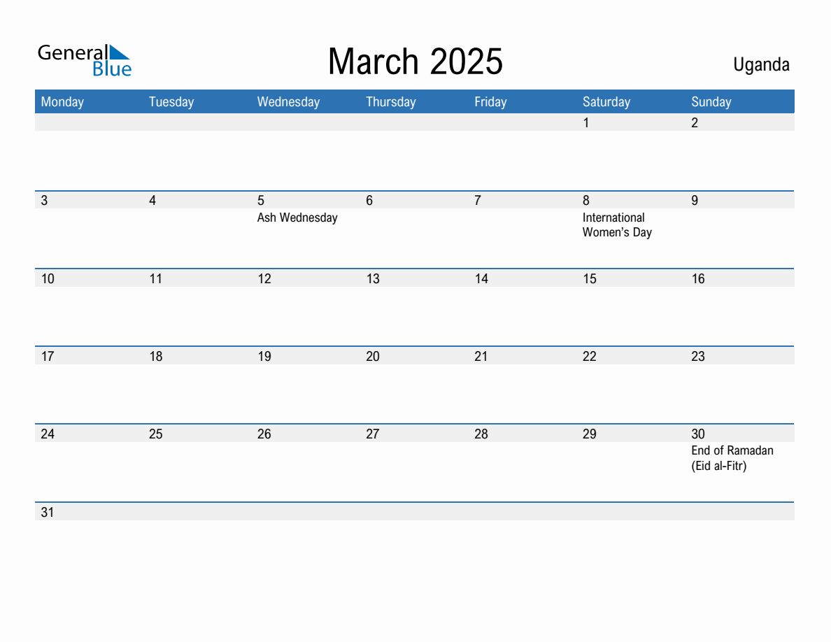 Editable March 2025 Calendar with Uganda Holidays