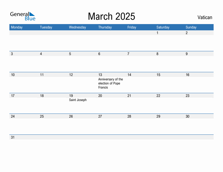 March 2025 Vatican Monthly Calendar with Holidays