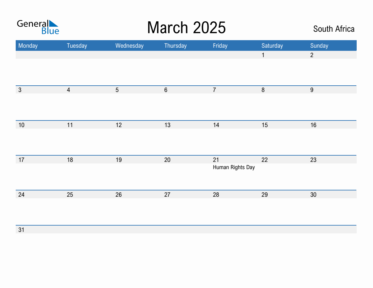 Editable March 2025 Calendar with South Africa Holidays