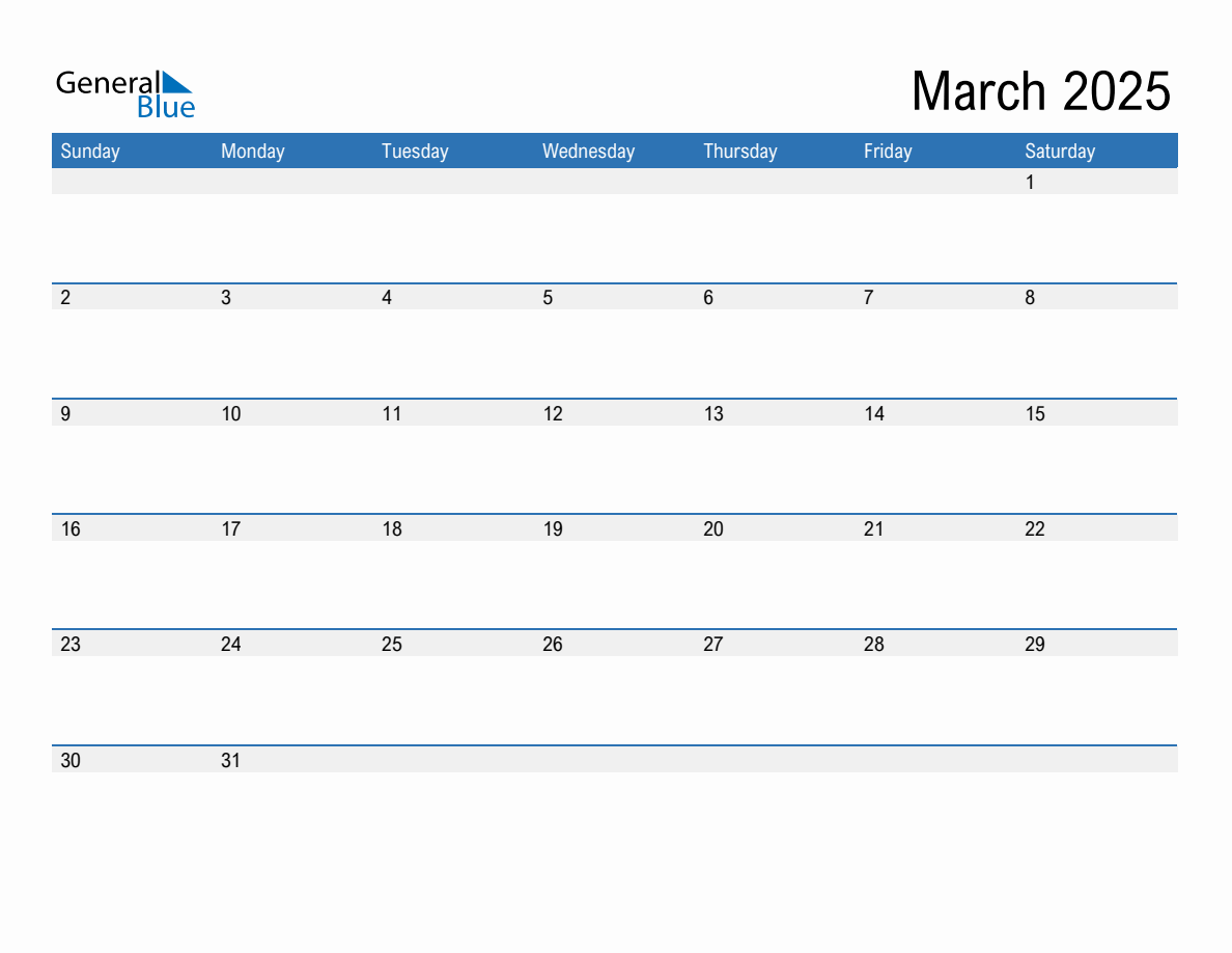 March 2025 Generic Monthly Calendar