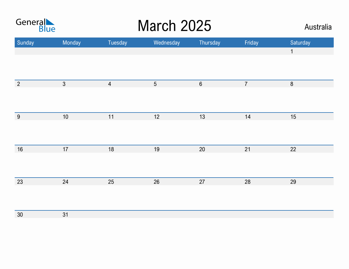 Editable March 2025 Calendar with Australia Holidays