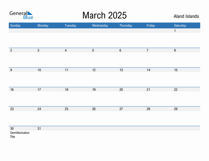 Editable March 2025 Calendar with Aland Islands Holidays