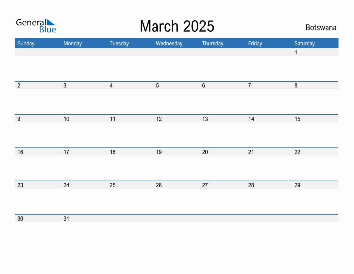 March 2025 Monthly Calendar with Botswana Holidays