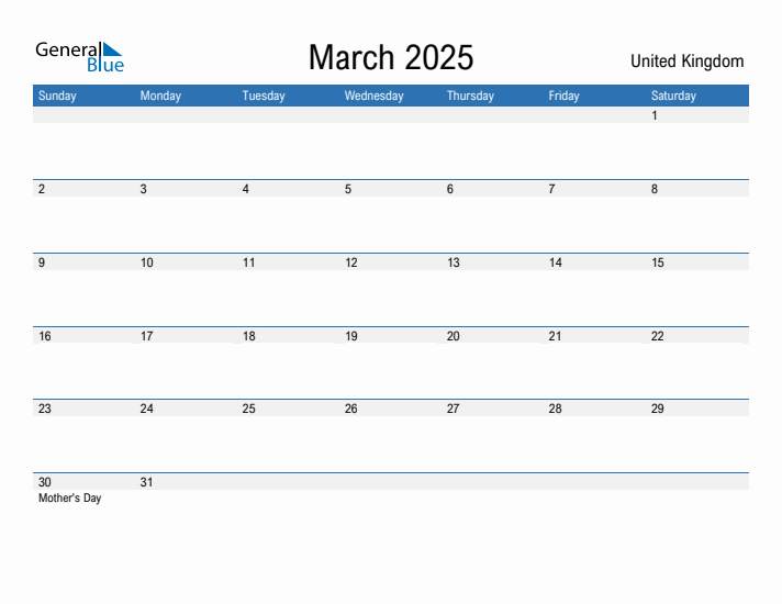 March 2025 Monthly Calendar with United Kingdom Holidays