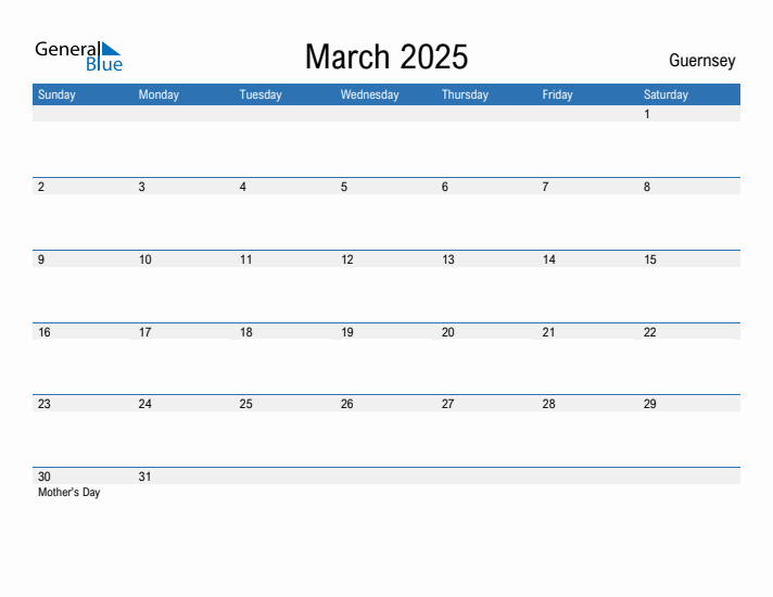 Editable March 2025 Calendar with Guernsey Holidays