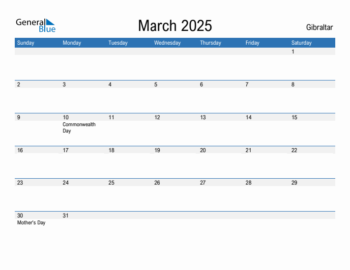Editable March 2025 Calendar with Gibraltar Holidays