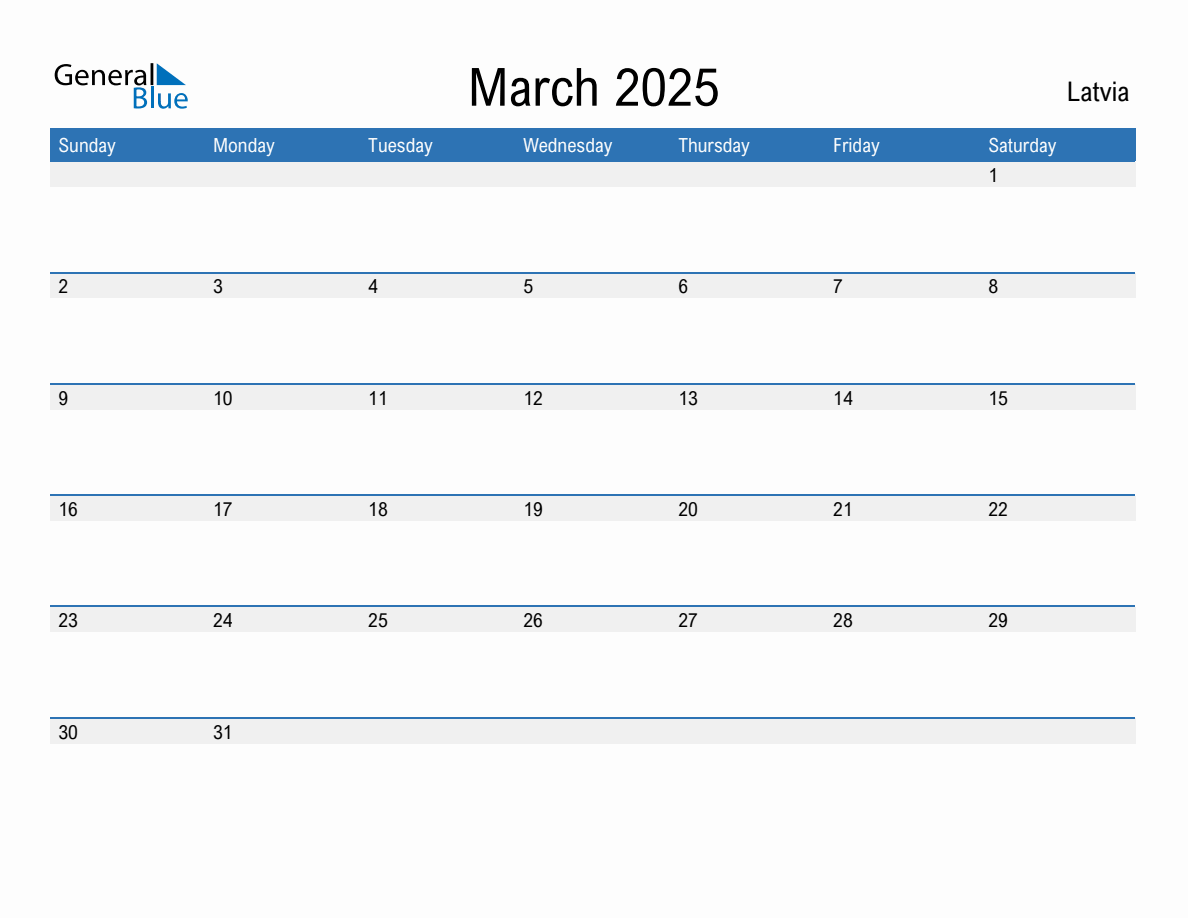 March 2025 Monthly Calendar with Latvia Holidays