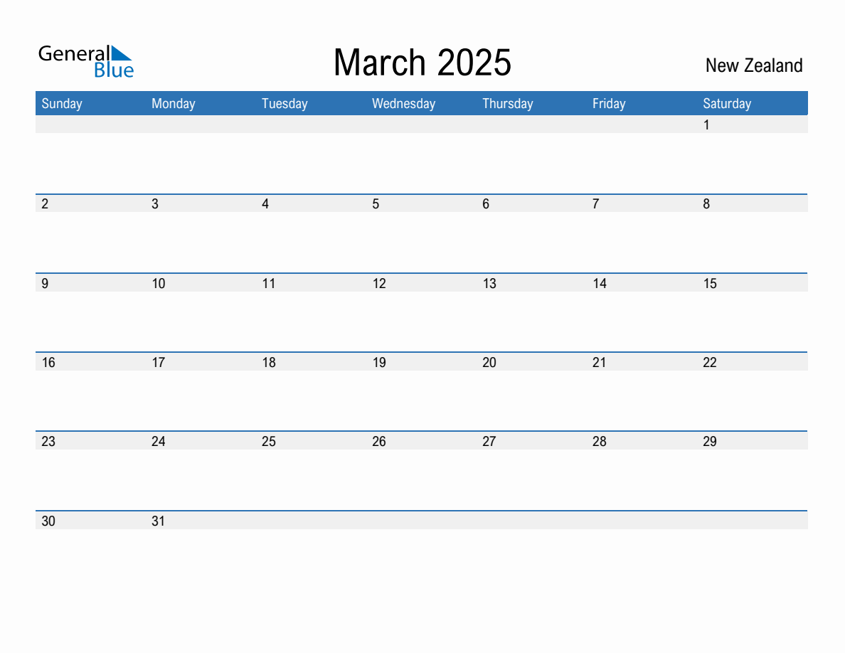 Editable March 2025 Calendar with New Zealand Holidays