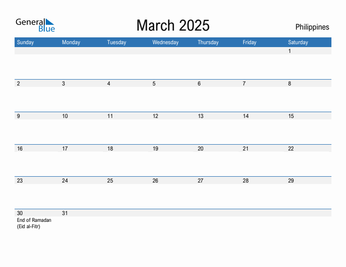 Editable March 2025 Calendar with Philippines Holidays