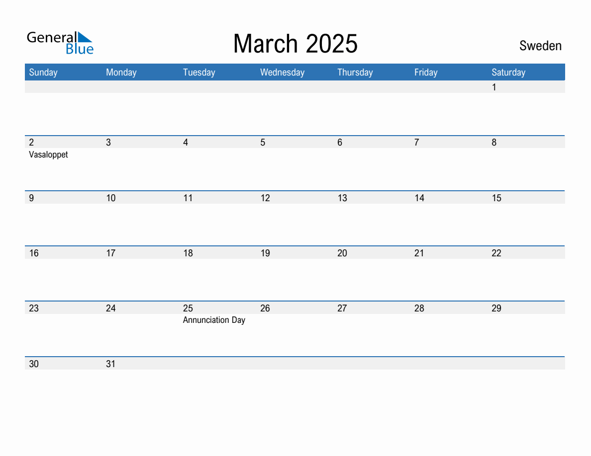 Editable March 2025 Calendar with Sweden Holidays