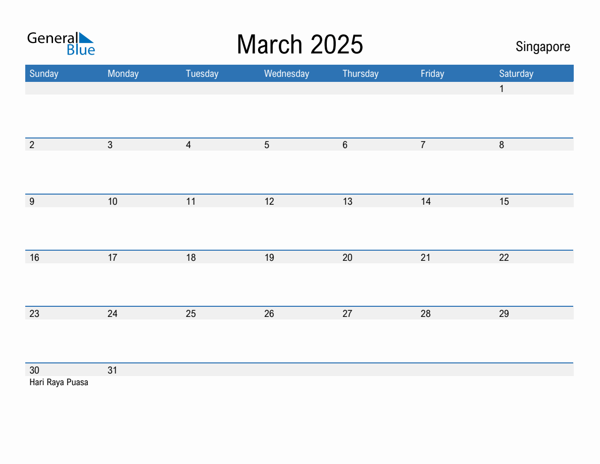 Editable March 2025 Calendar with Singapore Holidays