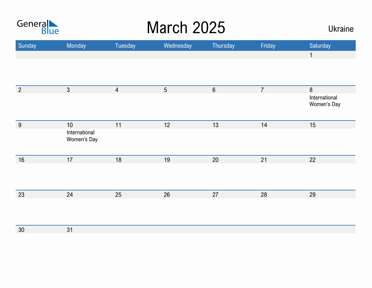 March 2025 Monthly Calendar with Ukraine Holidays