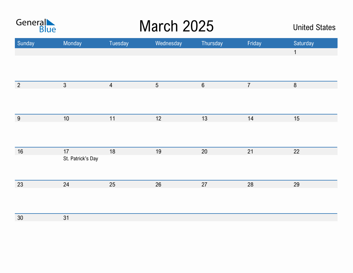 Editable March 2025 Calendar with United States Holidays