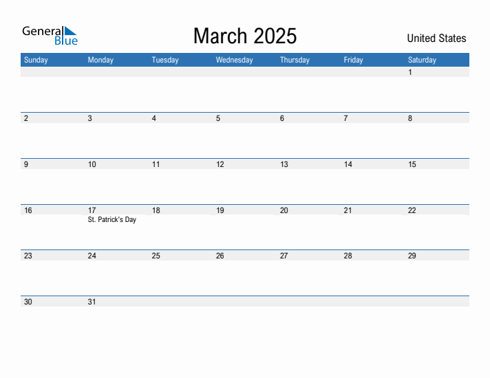 Editable March 2025 Calendar with United States Holidays
