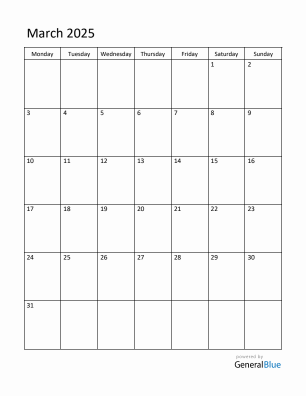 Editable March 2025 Monthly Calendar