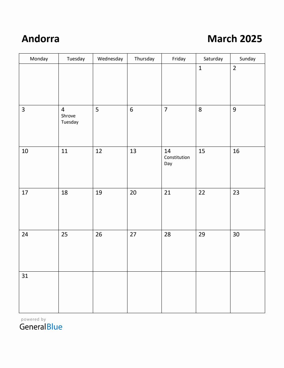 Free Printable March 2025 Calendar for Andorra