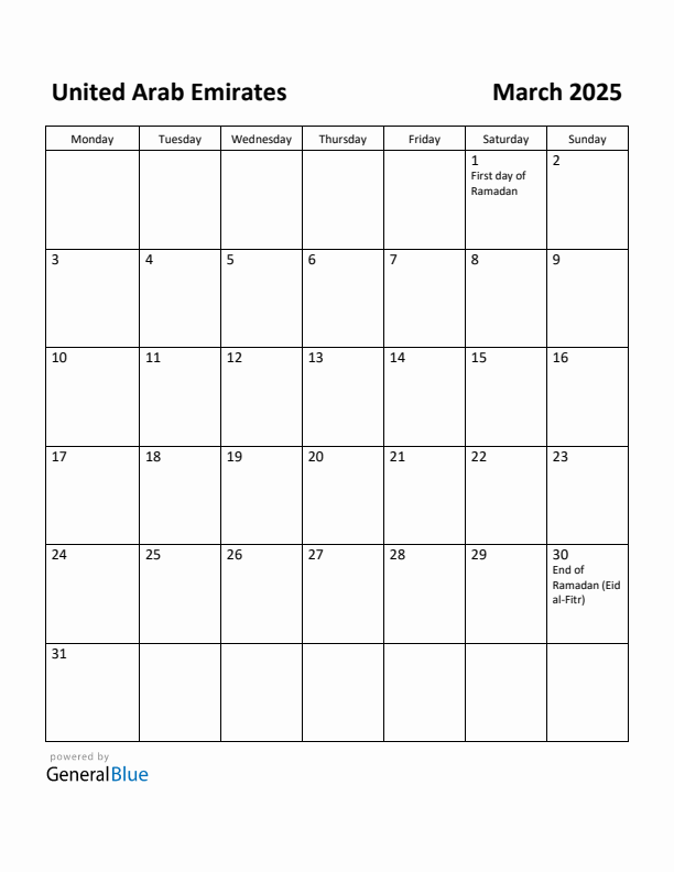 Free Printable March 2025 Calendar for United Arab Emirates