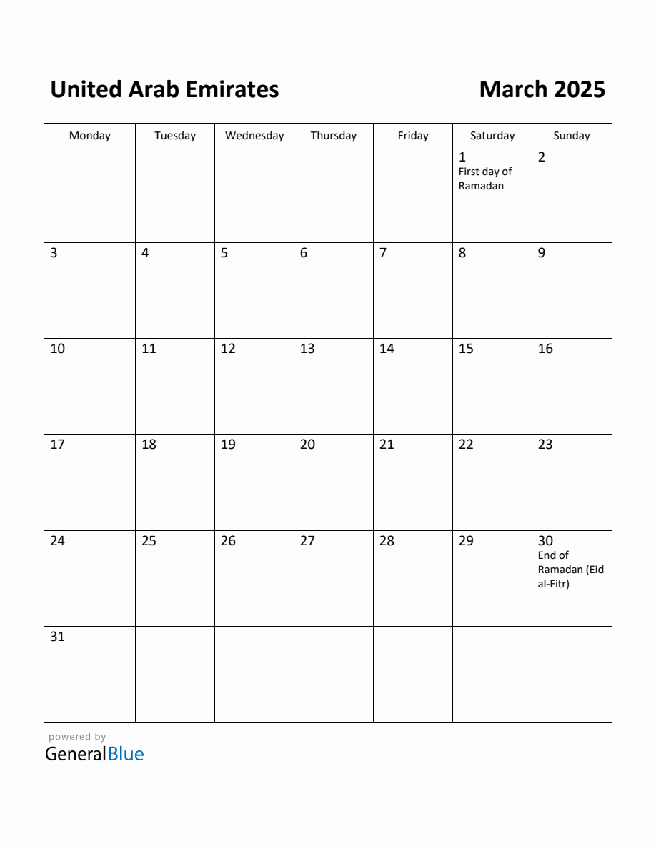 Free Printable March 2025 Calendar for United Arab Emirates