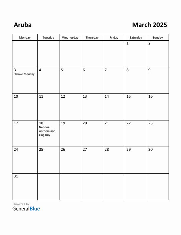 March 2025 Calendar with Aruba Holidays