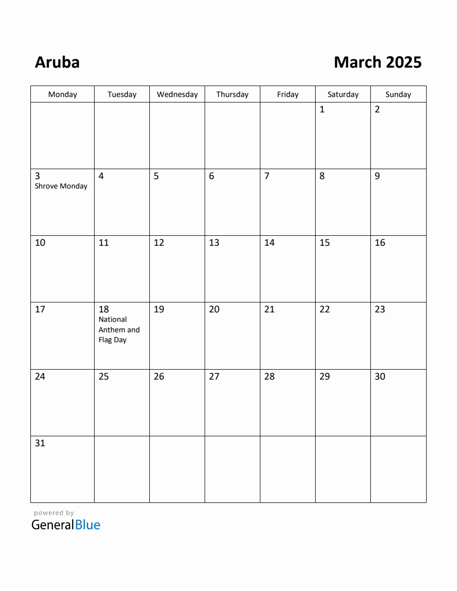 Free Printable March 2025 Calendar for Aruba