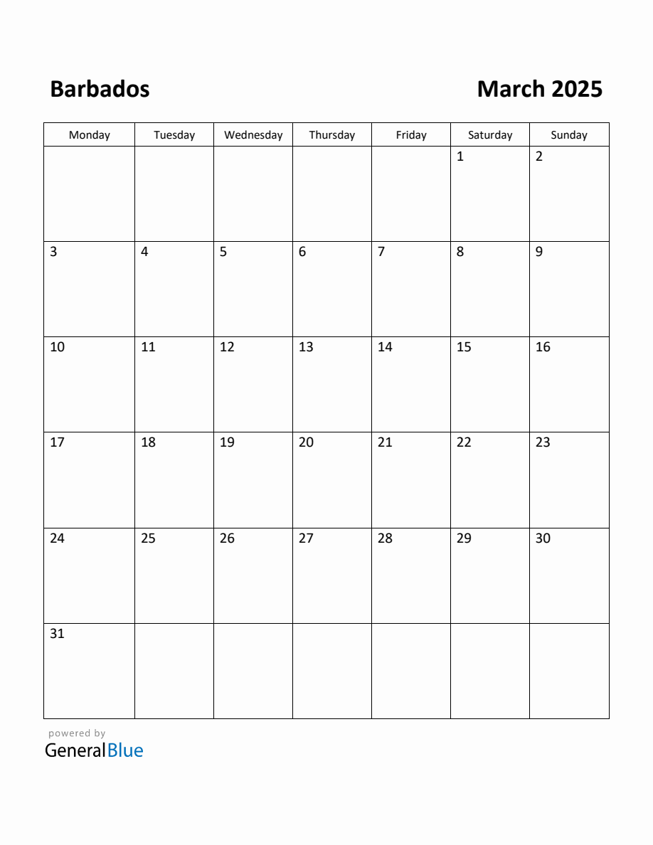 Free Printable March 2025 Calendar for Barbados