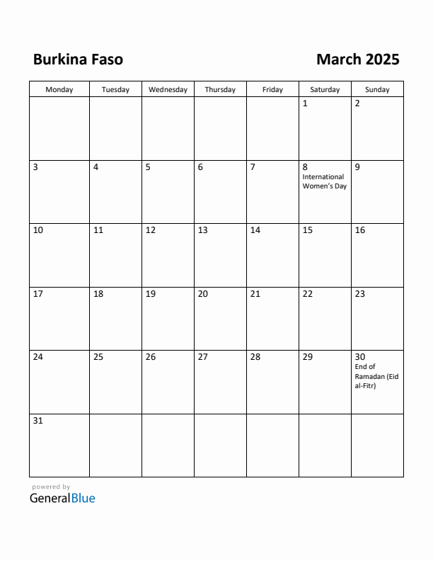 March 2025 Calendar with Burkina Faso Holidays