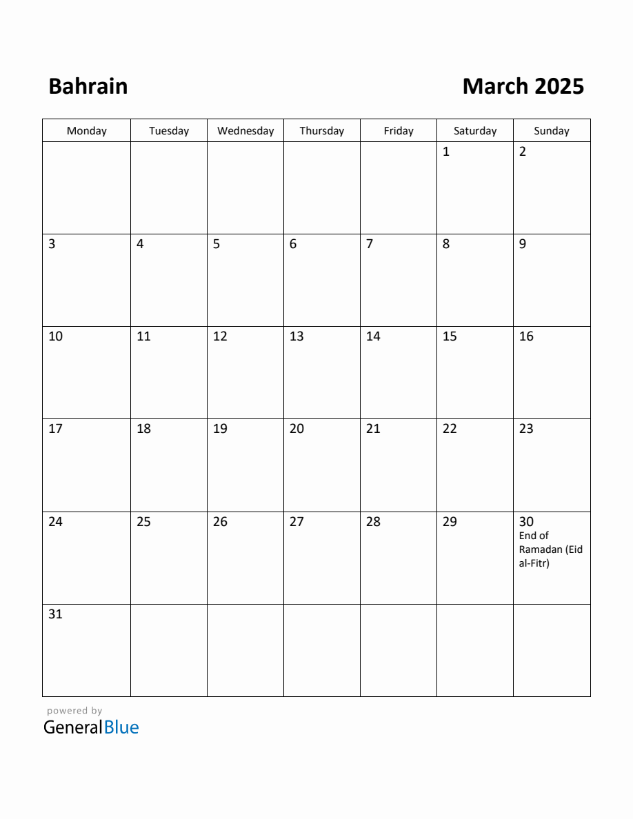Free Printable March 2025 Calendar for Bahrain