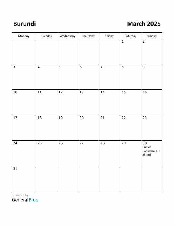 March 2025 Calendar with Burundi Holidays
