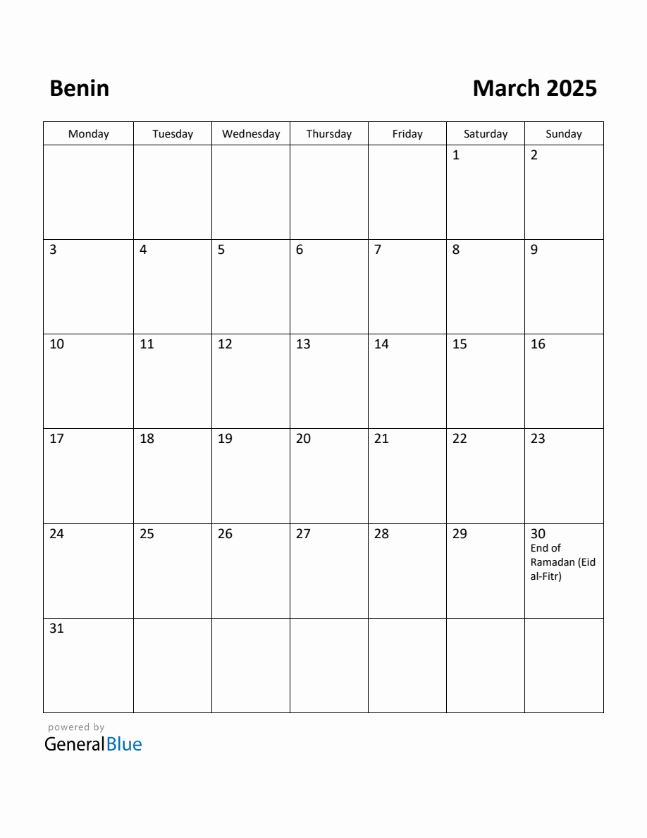 Free Printable March 2025 Calendar for Benin