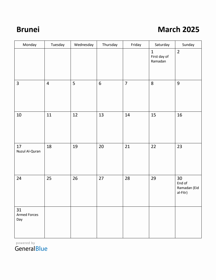 Free Printable March 2025 Calendar for Brunei