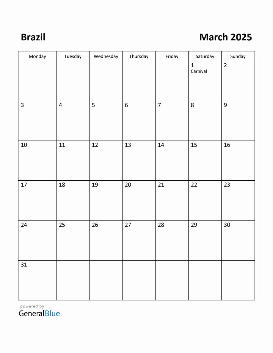 Free Printable March 2025 Calendar for Brazil