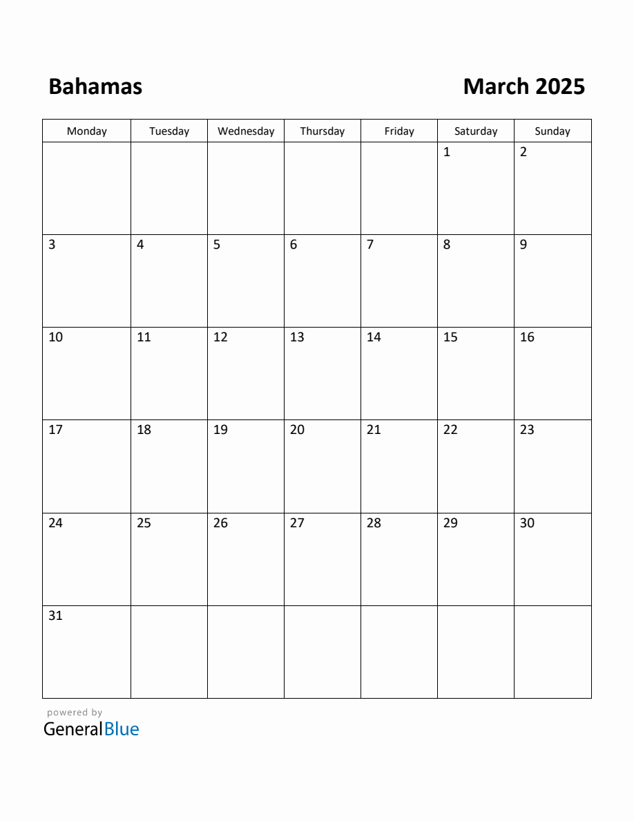 Free Printable March 2025 Calendar for Bahamas