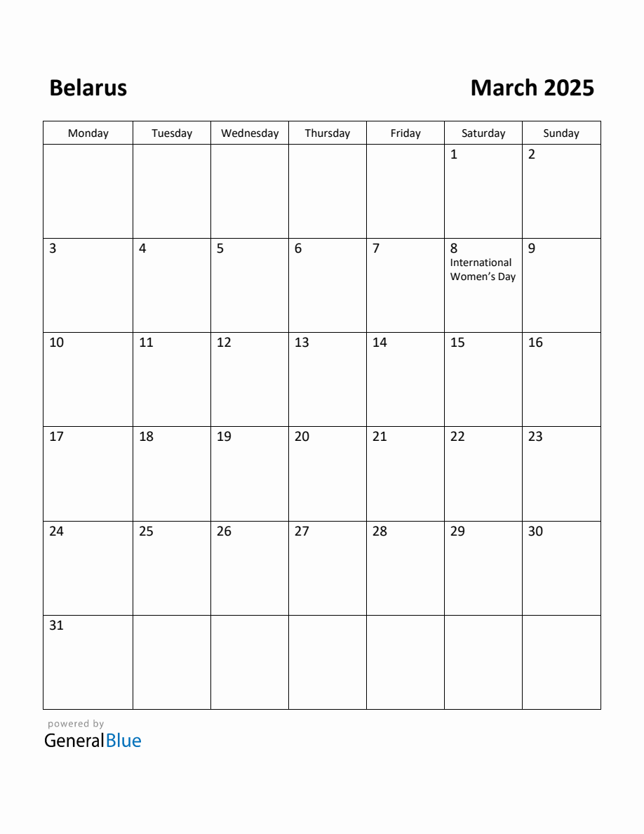 Free Printable March 2025 Calendar for Belarus