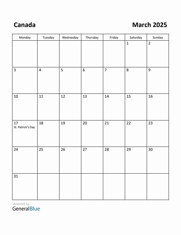 Free Printable March 2025 Calendar for Canada