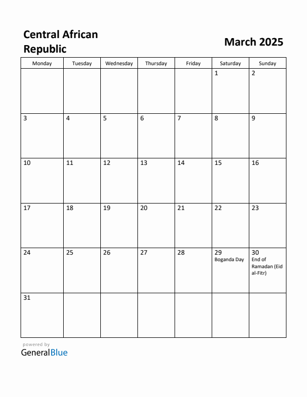 March 2025 Calendar with Central African Republic Holidays