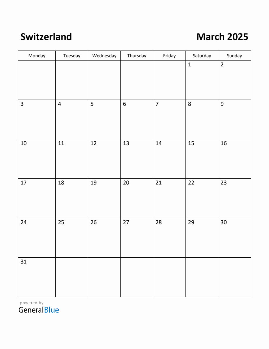 Free Printable March 2025 Calendar for Switzerland